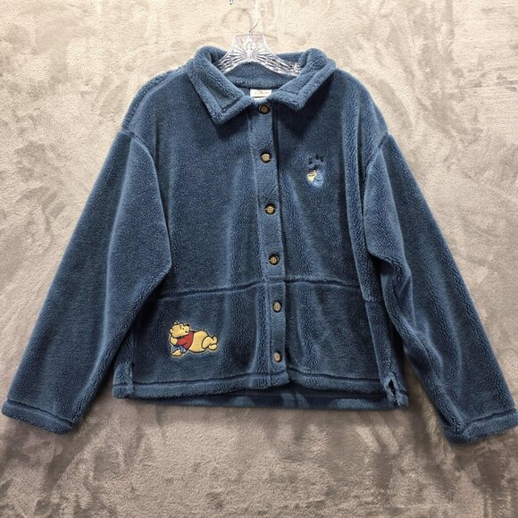 Vintage Disney Winnie the Pooh Sherpa Jacket Womens Large Blue Made USA 90s - Picture 1 of 10